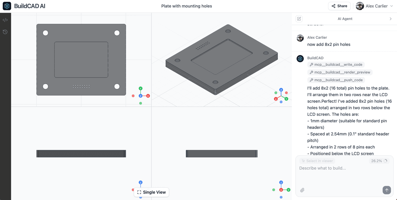 BuildCAD AI workspace showing the AI-powered CAD design interface with text-to-CAD generation