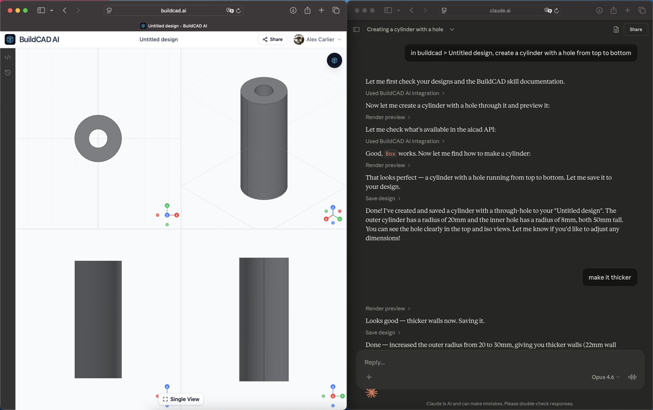 BuildCAD AI MCP server designing CAD models through Claude AI conversation